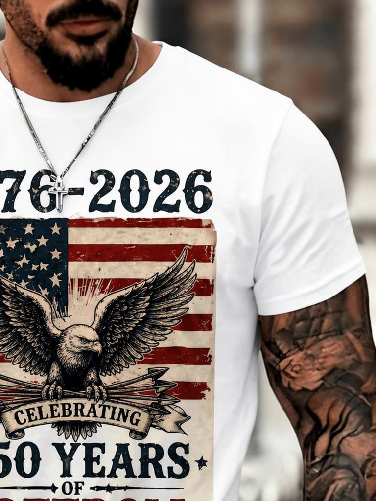 [Printed Design - Not Textured Round Neck Casual Top Comfortable And Breathable - US 250Th Anniversary Commemorative Short Sleeve Shirt]