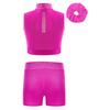 Girls Gymnastics Crop Top Set Sleeveless Mock Neck Keyhole Back Shiny Shorts Headwear Included