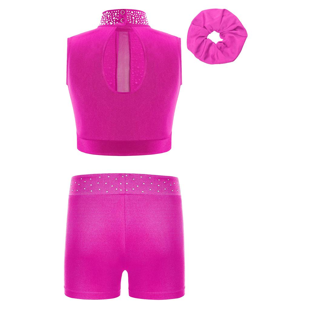 Girls Gymnastics Crop Top Set Sleeveless Mock Neck Keyhole Back Shiny Shorts Headwear Included