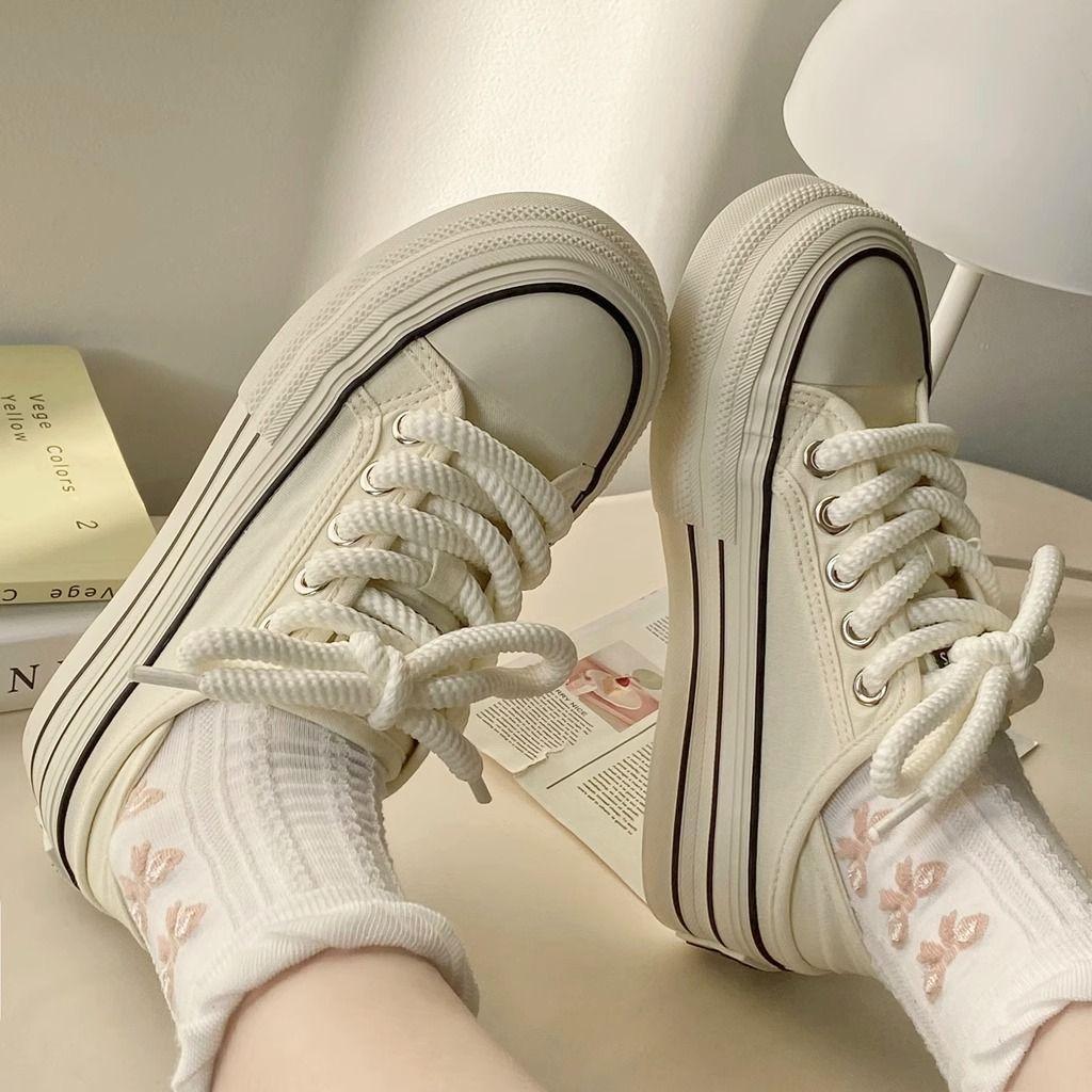 Кремово-белые туфли на платформе с двумя носками из парусины, женские, новые осенние туфли 2024 года, дышащие, полудышащие, с одной педалью, белые туфли