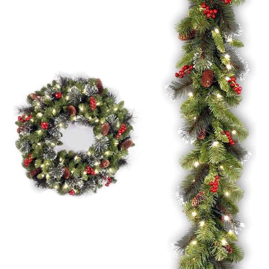 Christmas Wreath with Light Frosted Artificial Wreath with Berries And Pine Cones for Front Door Window Wall Indoor Outdoor Holiday Decoration