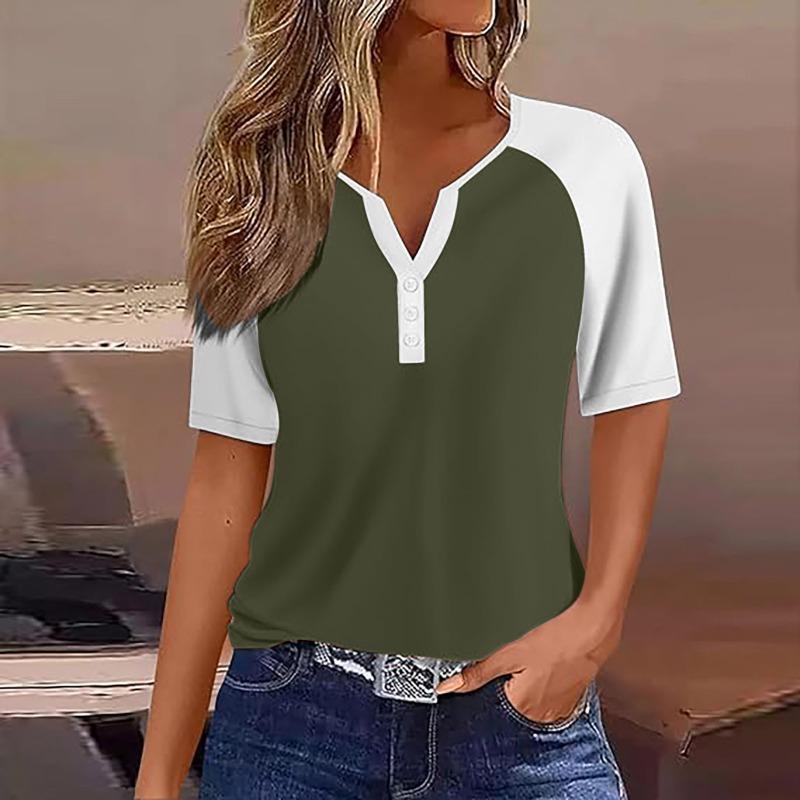 Женская футболка-henley с цветовыми блоками, V-образным вырезом, повседневная, с коротким рукавом, контрастного цвета, летняя