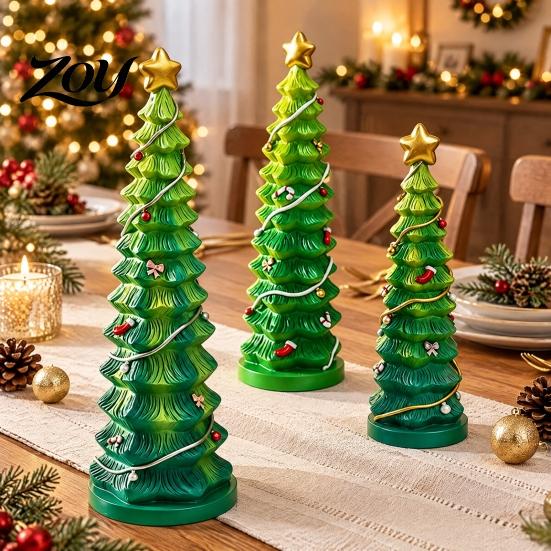 Small Decorative Trees for Home Resin Christmas Tree Figurine, Gradient Green Orange Tabletop Decor with Star Desktop Holiday Accents Topper,