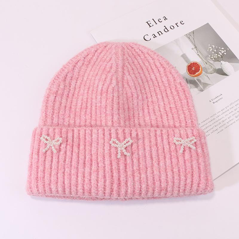 Small pearl knot knitted hat Korean version casual versatile face small winter warm hat
