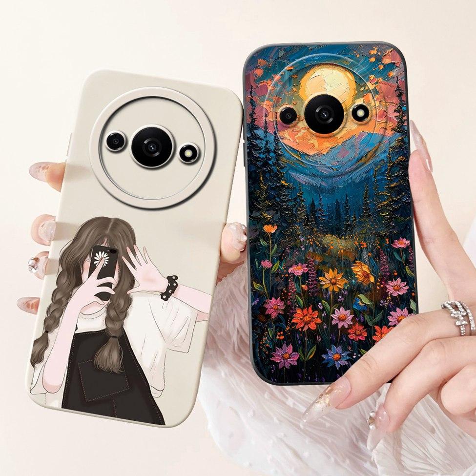 For Redmi A3 4G Phone Case For Xiaomi Poco C61 Cover Silicone Luxury Fashion Flowers Kawaii Cute Cat Painted Shockproof Bumper