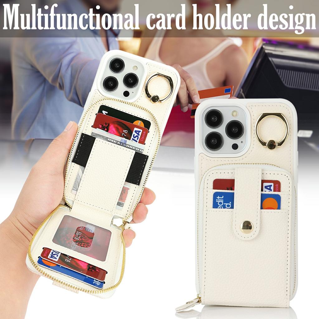 For iPhone 13 Pro Max/12 Pro Max Case with Zipper Pouch/Ring Kickstand/Strap Litchi Texture PU + TPU Phone Cover