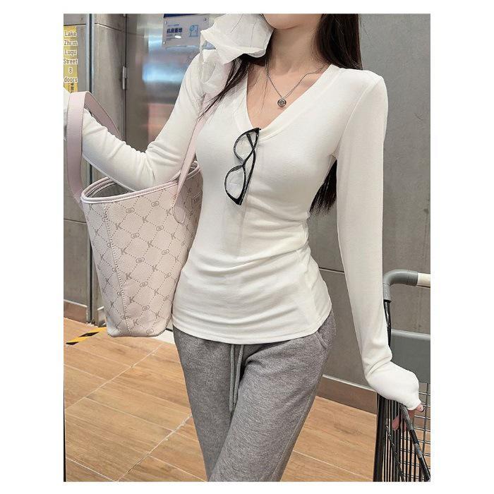 Женский французский высококлассный топ с V-образным вырезом, приталенный, с длинным рукавом, базовый слой для осени