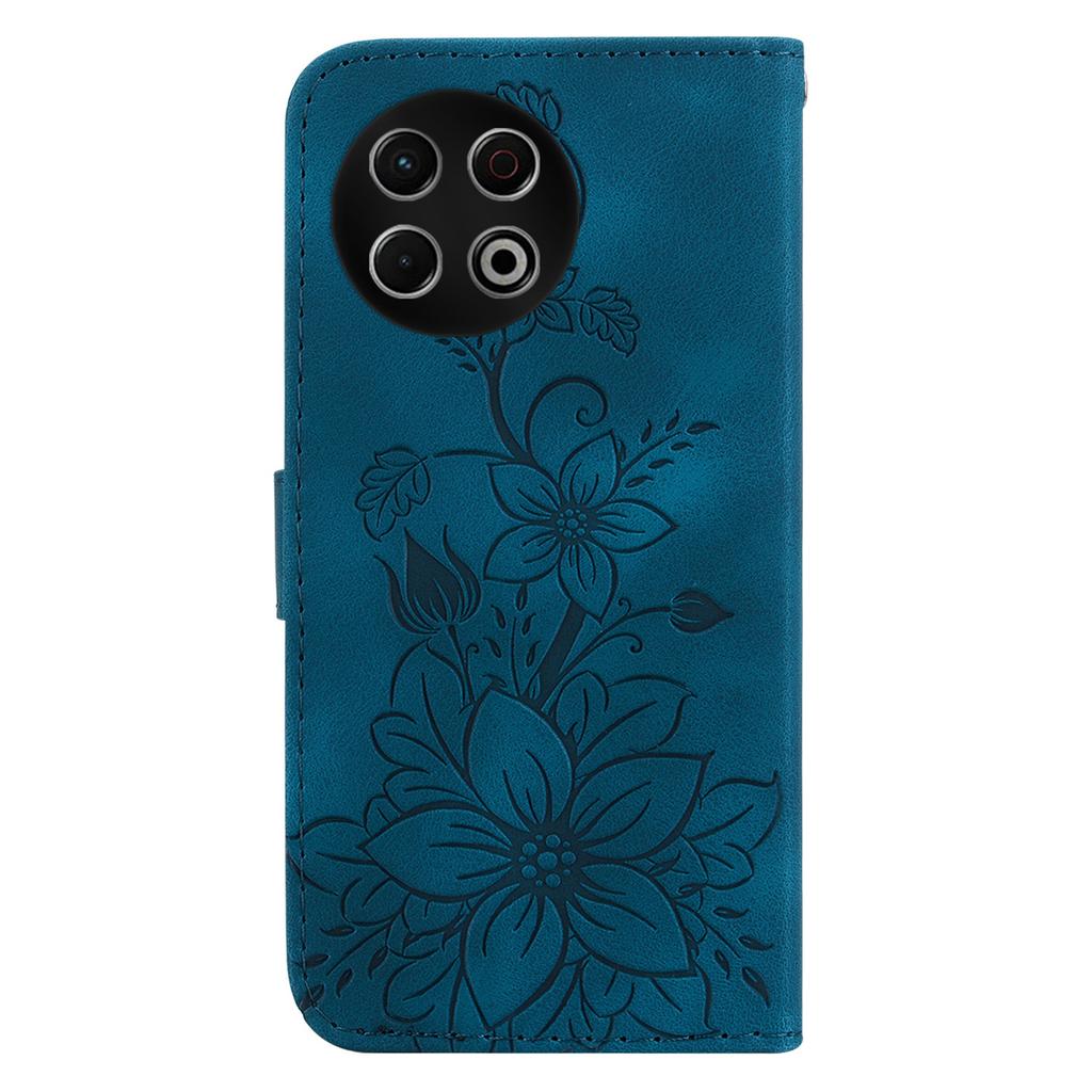 For TECNO Spark 30 Pro 4G Stand Case Lily Flower Imprint Leather Phone Cover with Wrist Strap