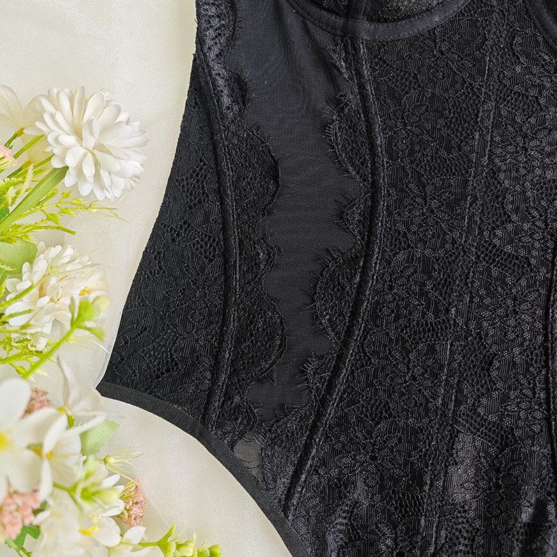 Европейский и американский многоцветный кружевной пэчворк, сексуальное боди - облегающий прозрачный комбинезон на подтяжках