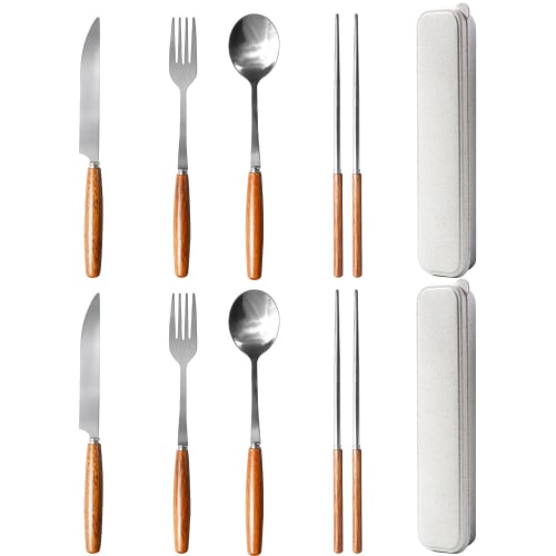 Stainless Steel Cutlery Set for Two, Featuring Chopsticks, Knives, Forks, and Spoons, Includes a Wooden Handle. 8-piece Set with Case. Perfect for Out