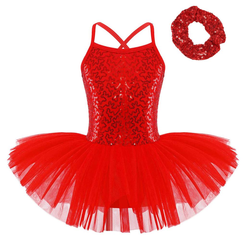 Kids Girls Ballet Dance Performance Costume Sequined Tutu Dress with Hair Tie Headwear