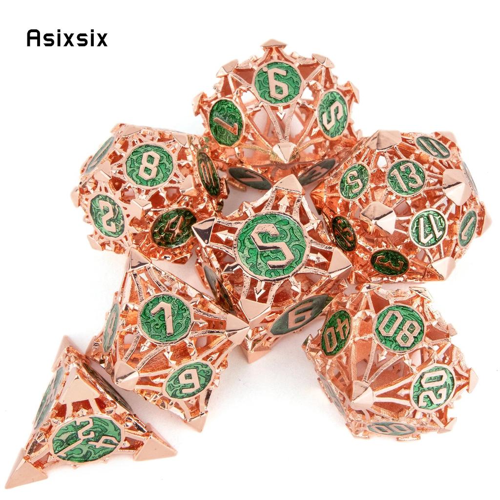 7 шт. красные, зеленые металлические кубики, набор полых металлических многогранных кубиков, подходящий для ролевой ролевой игры, настольной игры, карточной игры