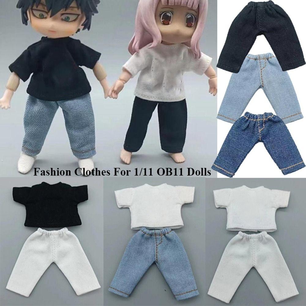 Fashion Doll Clothes T-shirt Cute Denim Trousers for 1/11 OB11/Obitsu11Dolls/1/12Bjd Doll