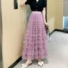 Women's Sweet Black White Tutu Skirts Tulle Cake Long Skirt Women Spring Summer Ruffle Pleated A-Line Chic Skirt