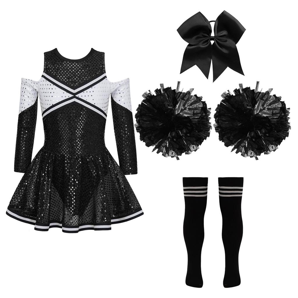Girls Sparkling Cheerleading Outfit Off Shoulder Sequin Dress Long Sleeve Bow Headwear Hand Accessories Sport Socks