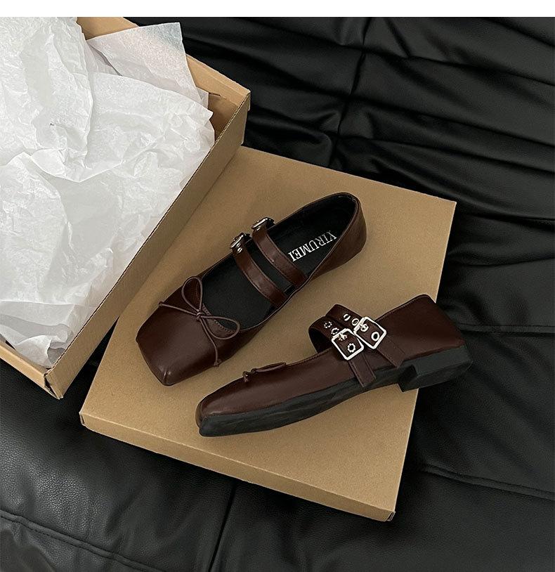 Коричневые квадратные французские туфли Мэри Джейн на плоской подошве, женские, новинка весны 2025 года, ретро-юбка, легкие одинарные туфли