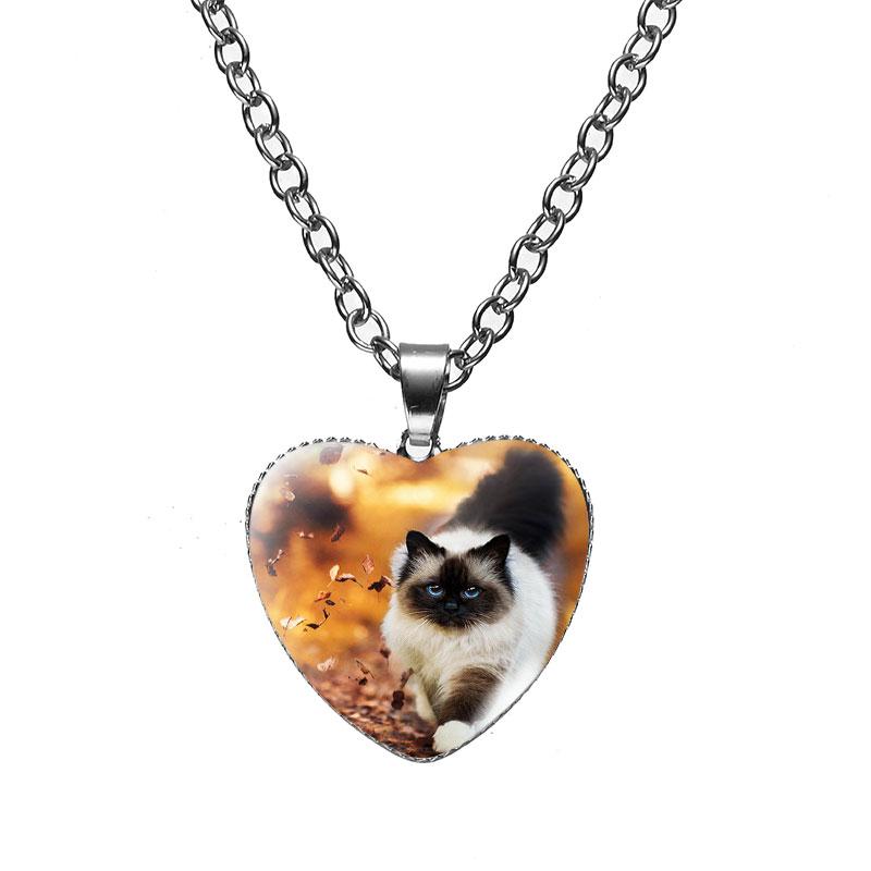 Женская мода милый питомец котенок стеклянный кабошон сердце форма ожерелье кулон ожерелье ювелирные изделия аксессуары подарки