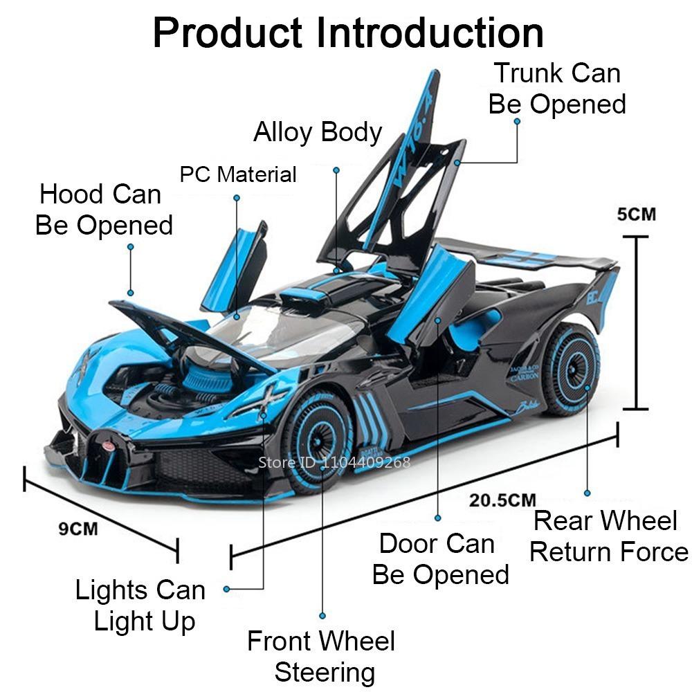1:24 Tourbillon Bolide Car Model Toy Shock Absorption Supercar Sound Light Pull Back Metal Die-cast Models Office Table Ornament