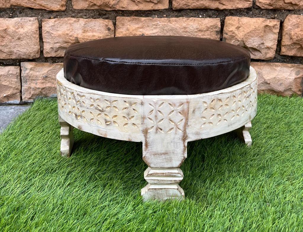 Wooden Round Side Table With Cushion-Carved Sitting Grinder Table-Wooden Bedside Central Table Art Furniture Decor-End Table Art Decor