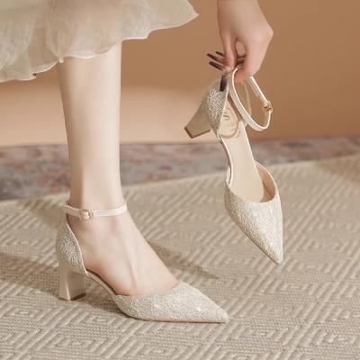 Мода 2025 Новые Элегантные Свадебные Туфли Высокий Каблук Женские Туфли Каблуки Невесты Ремешок на Щиколотке Острый Носок Кристалл Женская Обувь Лето