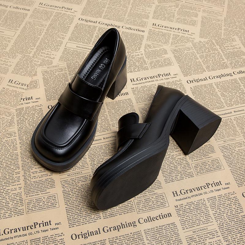 New modelThick-Soled British Style Black Small Leather Shoes Women'S Autumn And Winter Skirt Work Deep-Heeled Loafers
