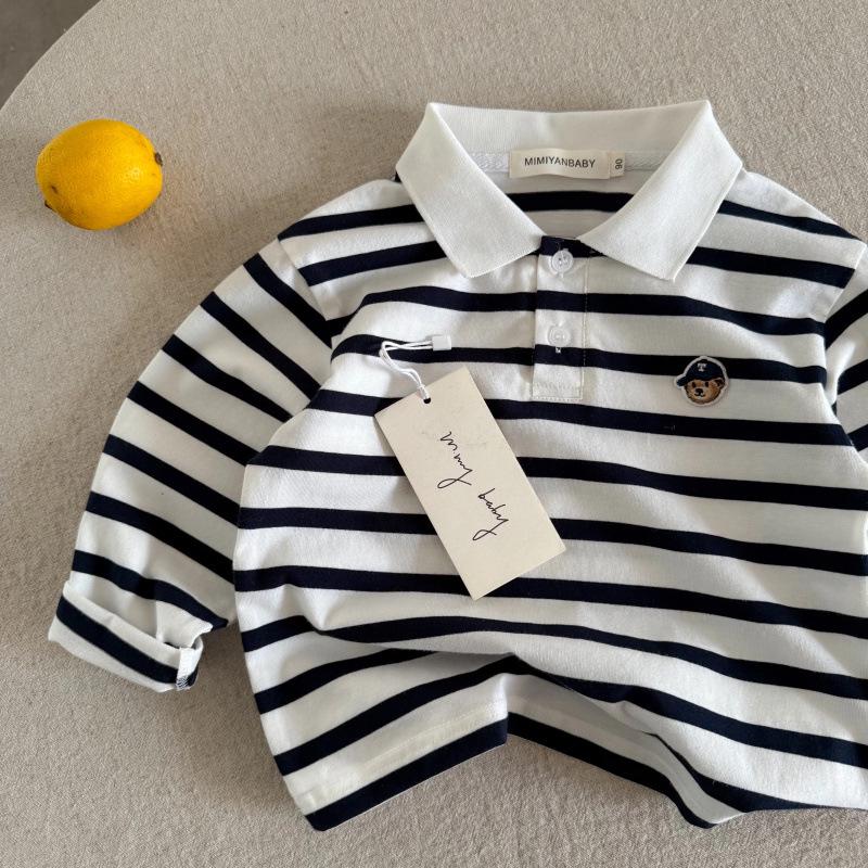 Детская полосатая рубашка поло - Осенний трендовый дизайн с мишкой для мальчиков и девочек