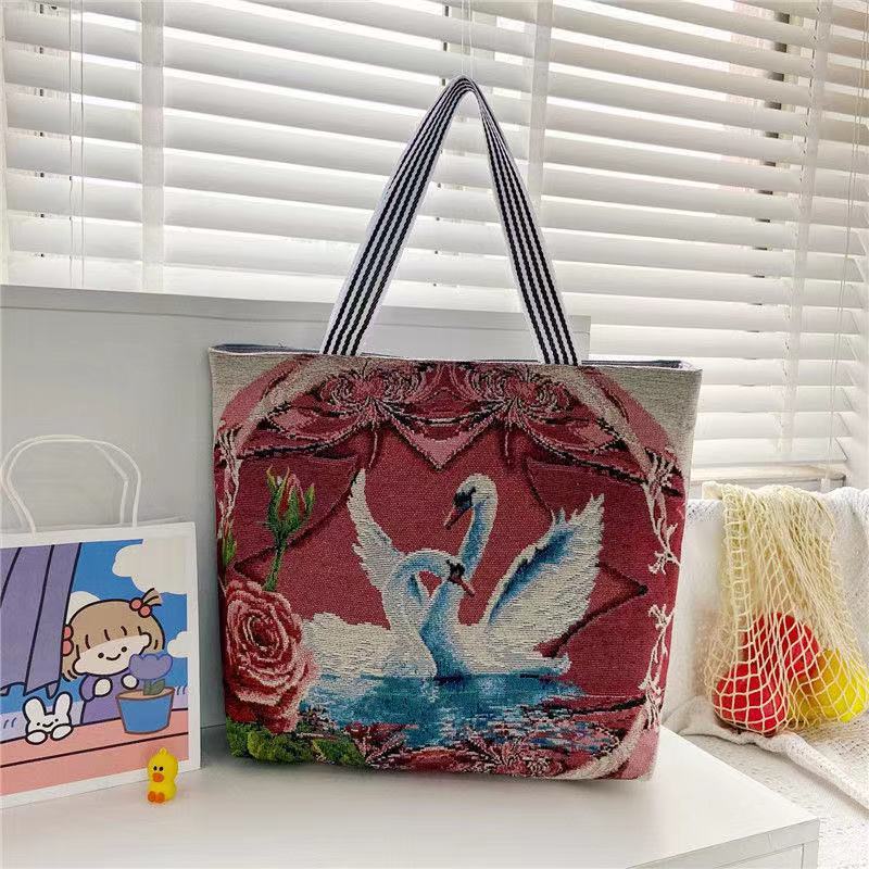 Harajuku Style Cartoon Canvas Bag, Literary Large-Capacity Shoulder Bag, Linen Trendy Cool Ethnic Style Women'S Bag