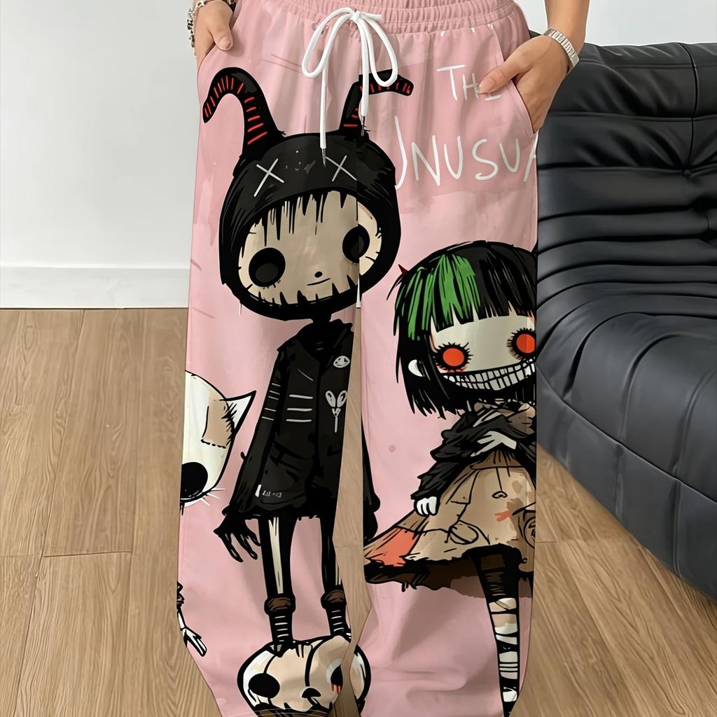New Anime print Model women Gothic Vertical Graphic Wide Leg Sweatpants Drawstring Loose Straight Y2K Dark Punk Streetwear Pants