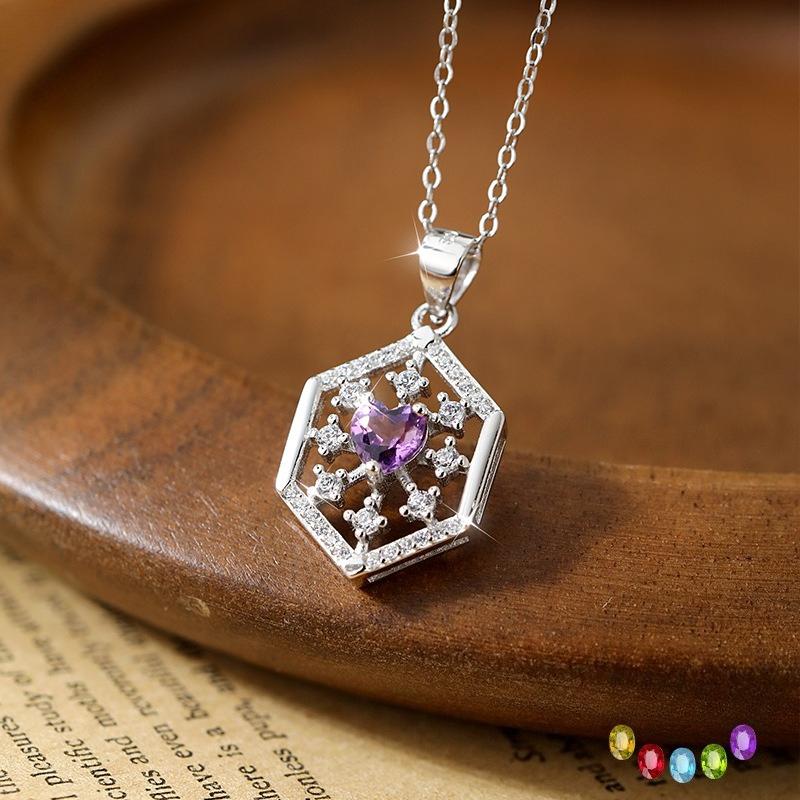 925 Sterling Silver Snowflake Pendant Necklace for Women, Natural Amethyst/Peridot/Topaz Crystal Necklace, Fashion Jewelry