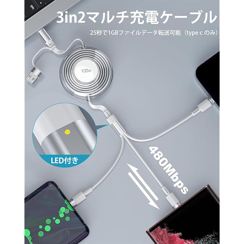 [100 Вт 6 в 1] Зарядный кабель Rewind USB Type C Cable [совместим с PD100w, PD27w и USB10w] 1 3 в 2/1 многофункциональный зарядный шнур 6 ролей, 3 устройства