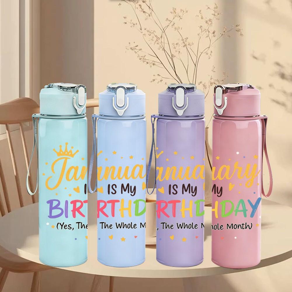 1PC January Birthday Confetti Text 750ml Color Plastic Sports Water Bottle Leakproof Flip Straw Lid Suitable for Sports Office Home Use