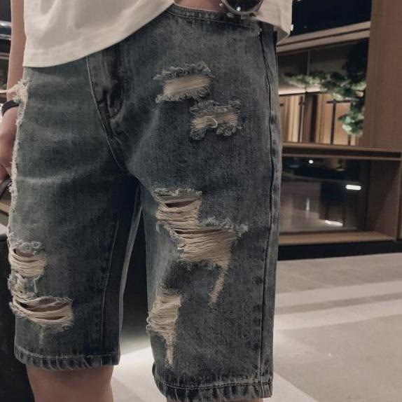 Summer Men's Short Fashion Casual Slim Distressed Denim Shorts
