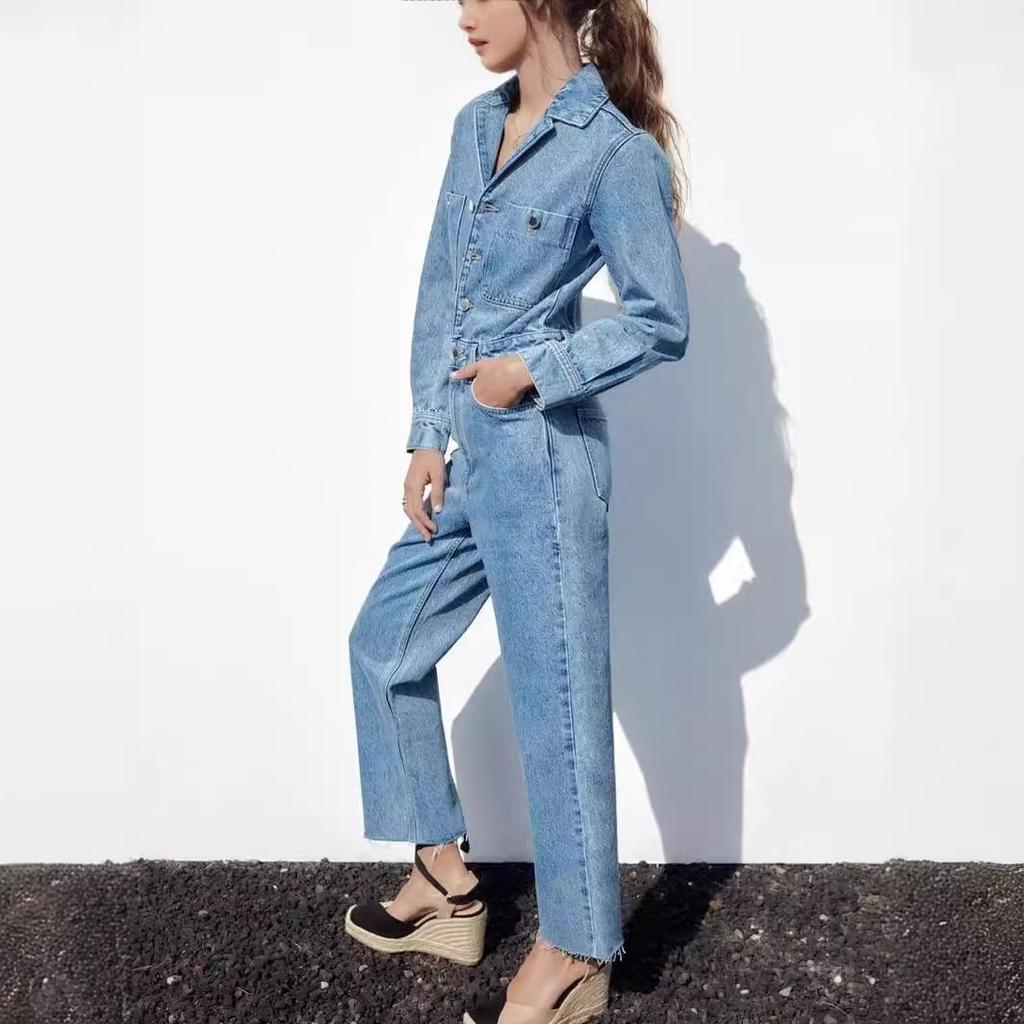Women Jumpsuits Turn Down Collar Full Sleeve Denim One Piece Slim Fit Tight Waist Wide Leg Long Pants Overalls Casual Rompers