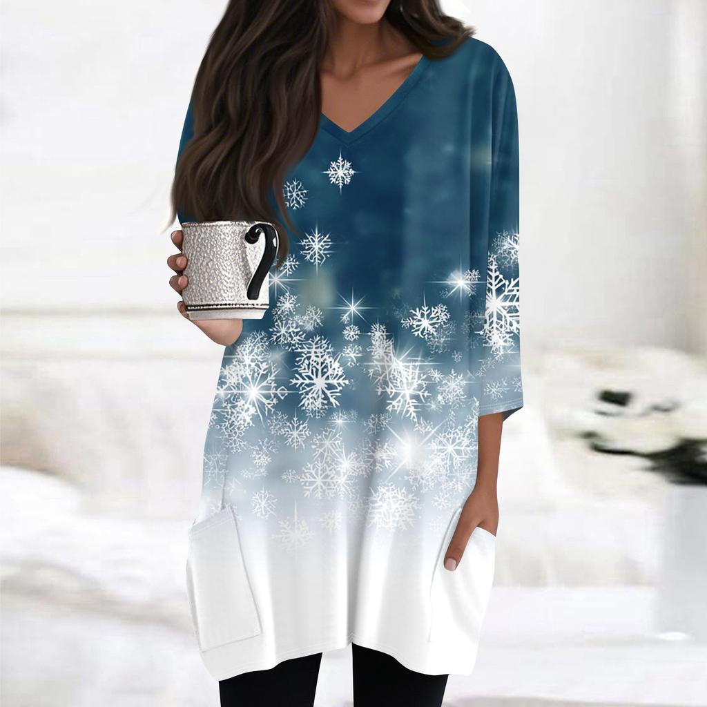 Womens Tops V-neck 3/4 Sleeve Blouses Casual Mid-length Shirts Fashion Christmas Print Tunic Tops With Pockets