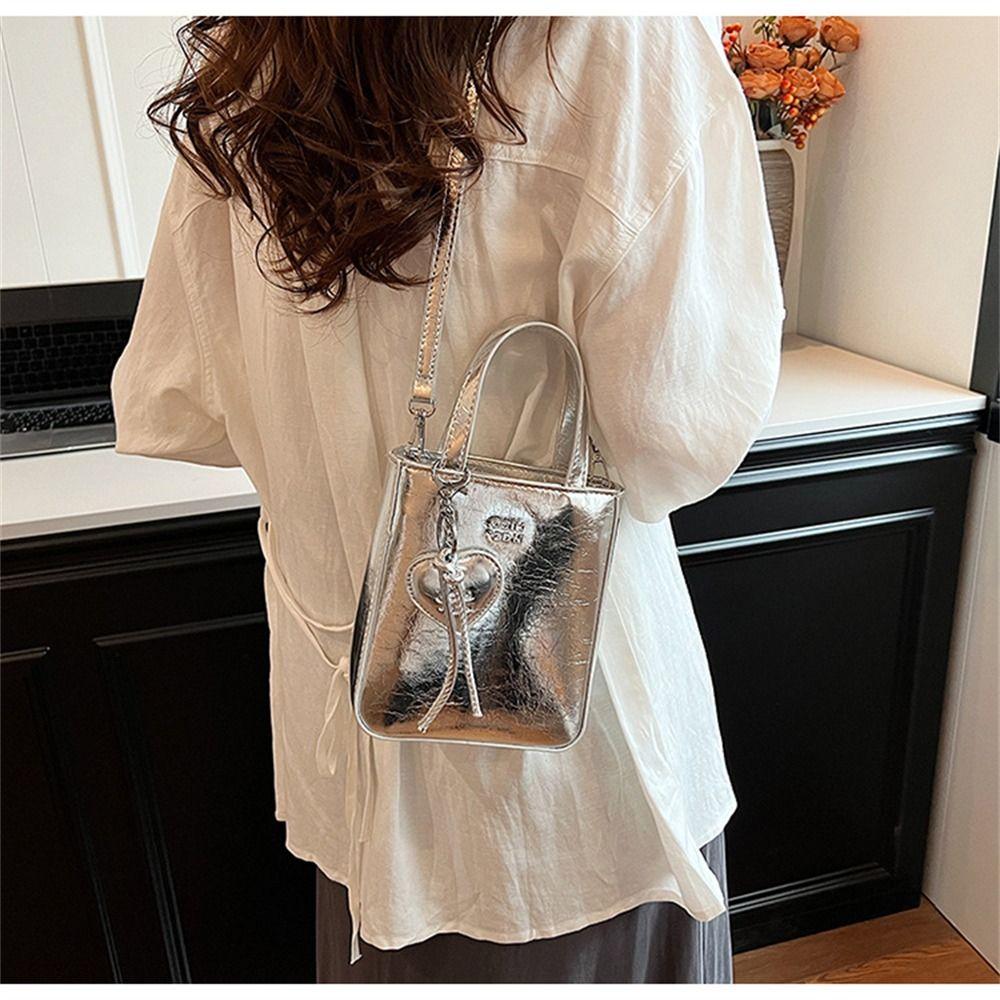 Trend Korean Pu Leather Shoulder Bag Silver High Quality Crossbody Bags Mini Small Square Bag for Women Lady