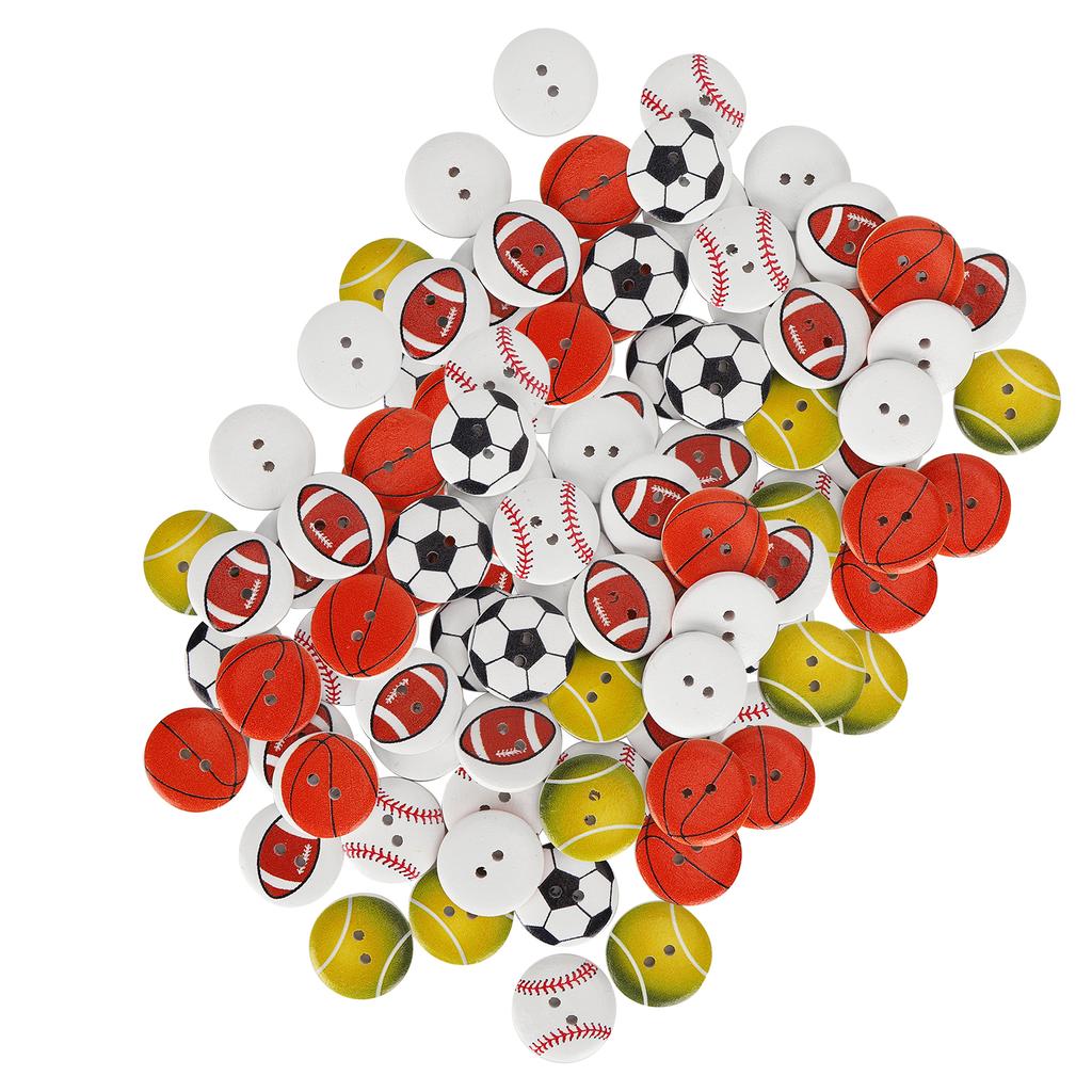 100Pcs Wooden Buttons 2‑Hole Round Shape Basketball Football Mixed Pattern Sewing Buttons