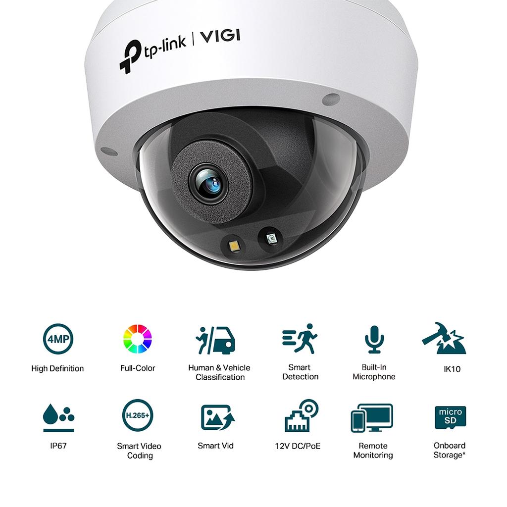 Камера видеонаблюдения VIGI купольного типа 4MP IP67 водонепроницаемый IK10 ударопрочный ONVIF интеллектуальное обнаружение объектив камеры видеонаблюдения VIGI C240 TP-Link H.265+ 2.8mm