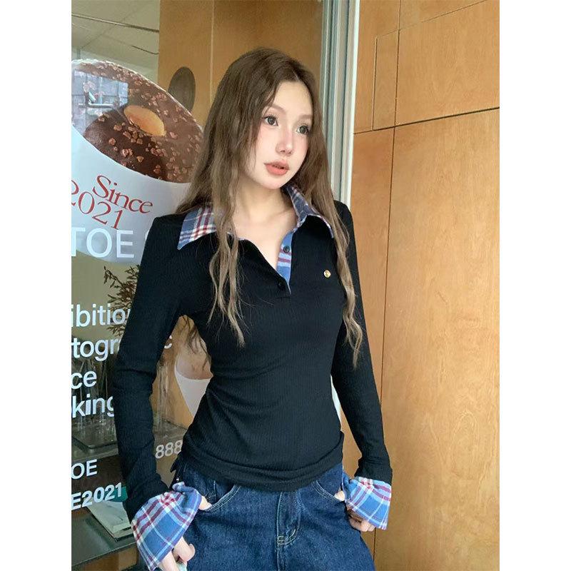 Женский осенний приталенный топ в клетку, имитация двойки, с длинным рукавом и воротником поло