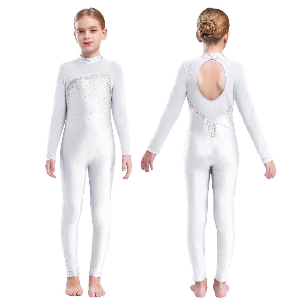 Детский цельный комбинезон с длинными рукавами для девочек, блестящий комбинезон со стразами, боди для танцев всего тела