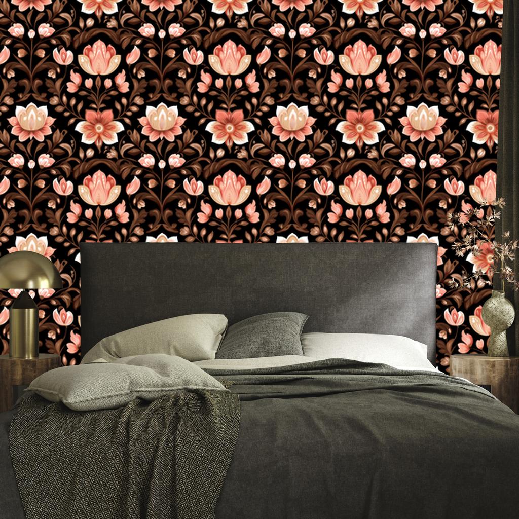 Wallpaper Beautiful Flowers Rust, Black and Orange for Living Room and Bedroom 50x1000