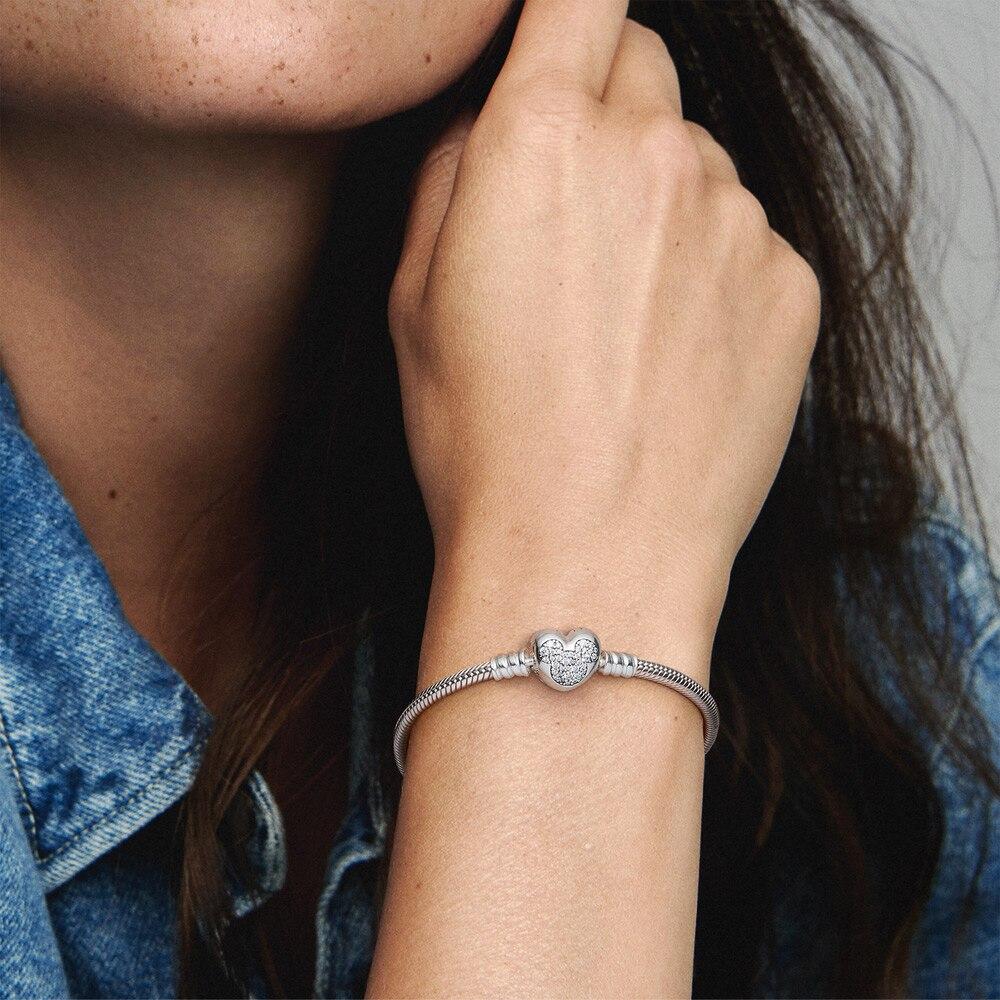 925 Sterling Silver Bracelet Moments Sparkling Moments Mouse Heart Clasp Snake Chain Bracelet Women for Jewelry GIFT