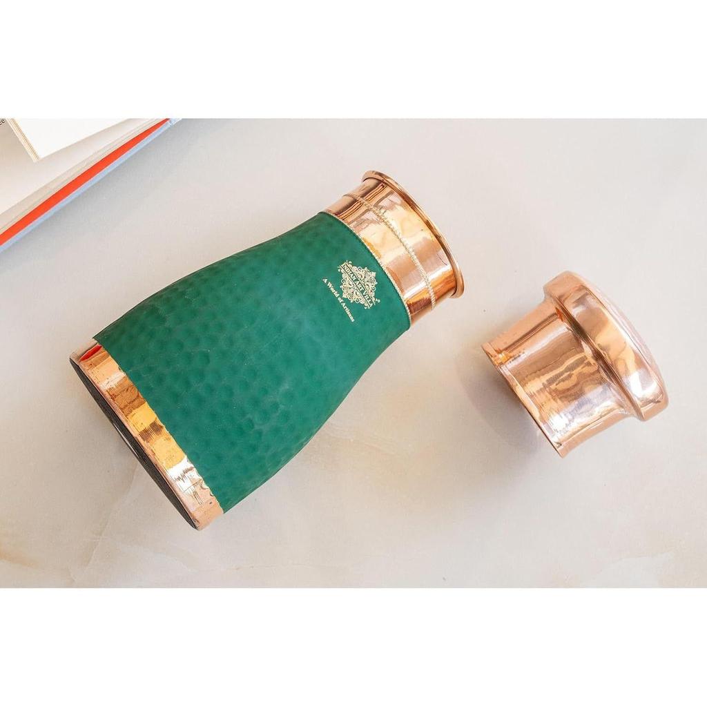 Pure Copper Bedroom Water Bottle with Inbuilt Glass, Green Silk Finish Hammered Design, Drinkware & Storage Purpose