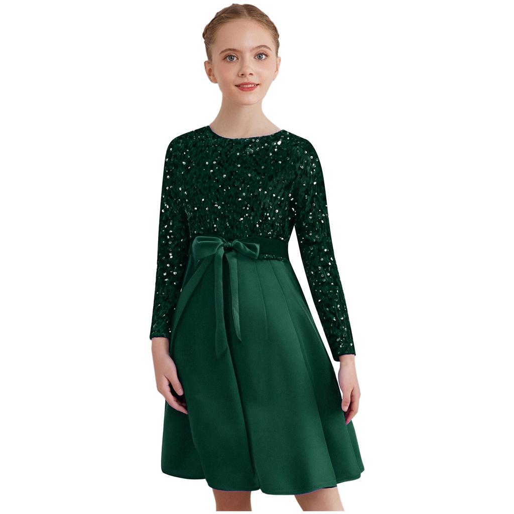 Girls Christmas Glittery Sequin Party Gown Round Collar Long Sleeve High Waist Knee Length Belted Pleated Formal Event Dress