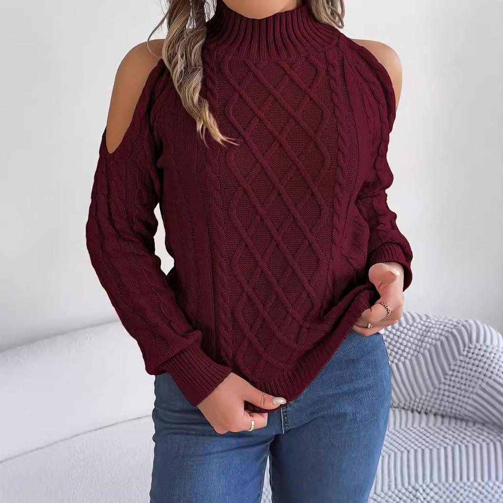 QICED Autumn and Winter Casual Twist Off-the-shoulder Semi-high Neck Long-sleeved Pullover Sweater Women's Wear