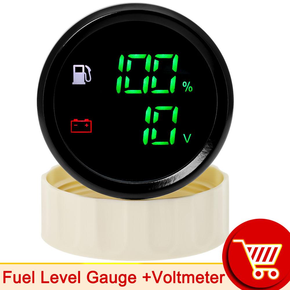2 in 1 Green LED Digital Fuel Level Sewage Level Meter Oil Temp Gauge Oil Pressure 0~10 Bar 2" 52mm Voltage for Car Truck Boat