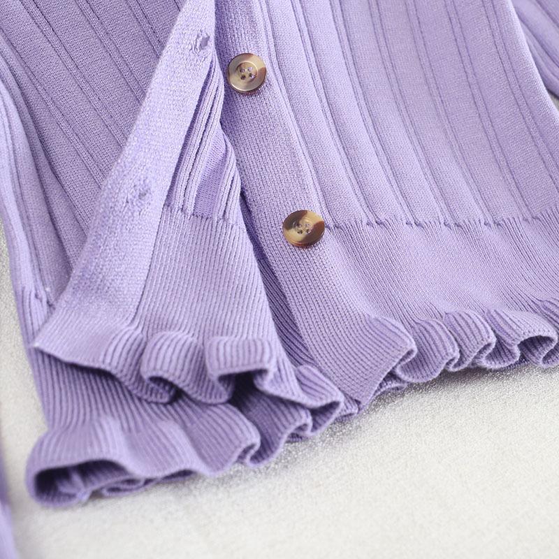 V Autumn Solid Neck Color Long Sleeve Cardigan Hem Neck Waist Fungus Edge Knit Sweater