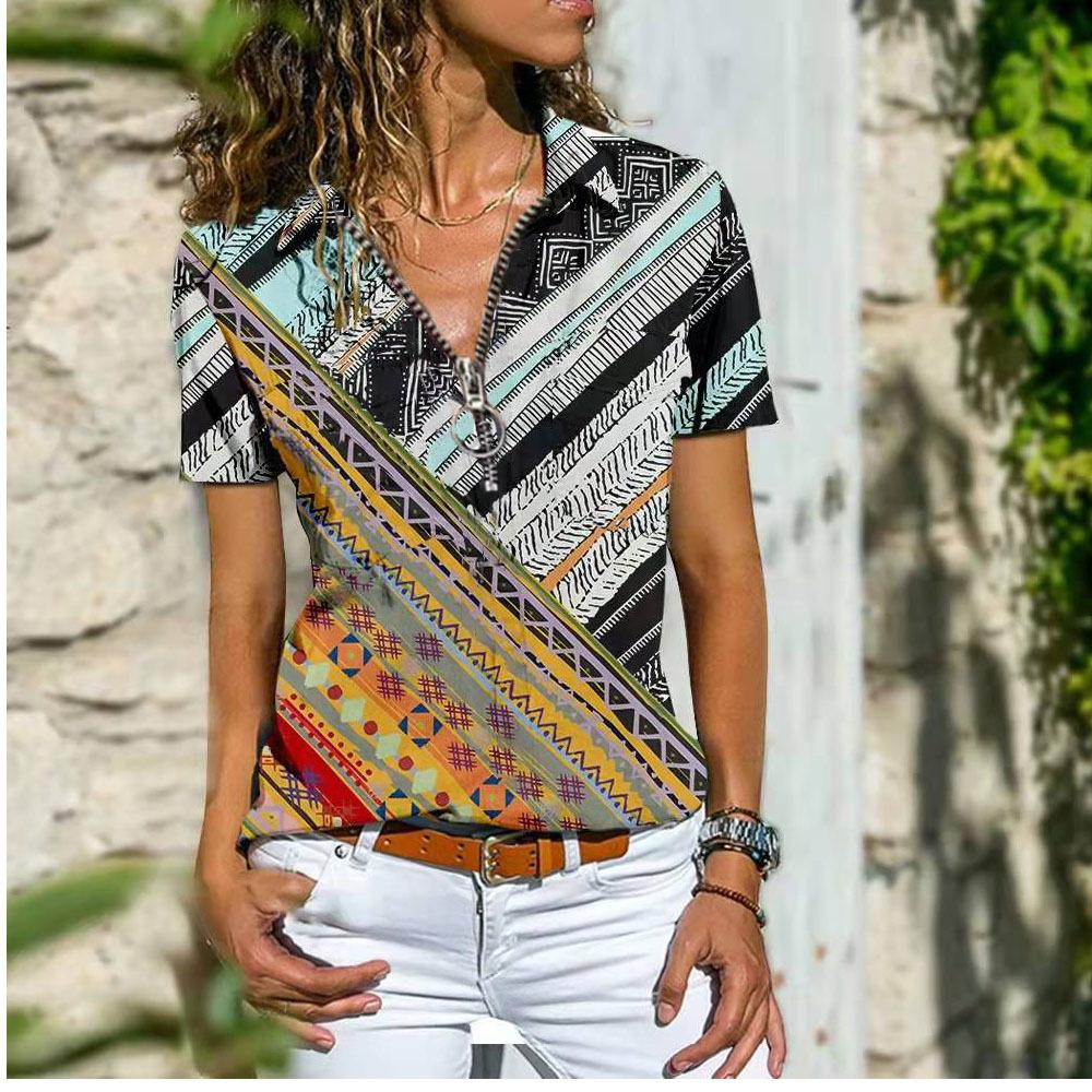 Bohemian Vintage Printed Women Short Sleeve Loose Zipper Neck T-shirt
