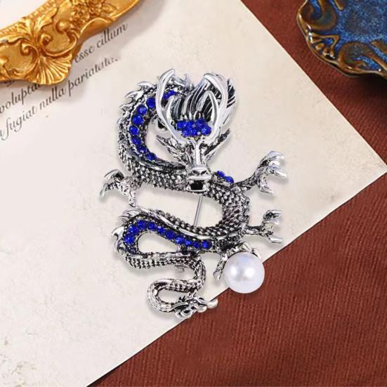 Chinese Style Brooch Men Enamel Dragon Shape Faux Pearl Pin Clothing Coat Badge Jewelry Party Accessories