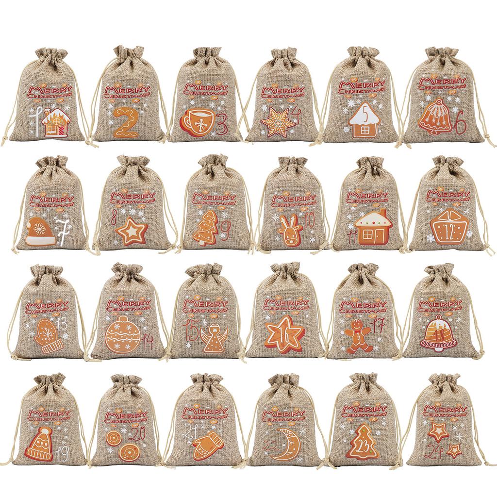24Pcs/set Christmas Advent Calendar Bags Reusable Drawstring Candies Cookies Gifts Bag Home Christmas Party Advent Calendar Bags