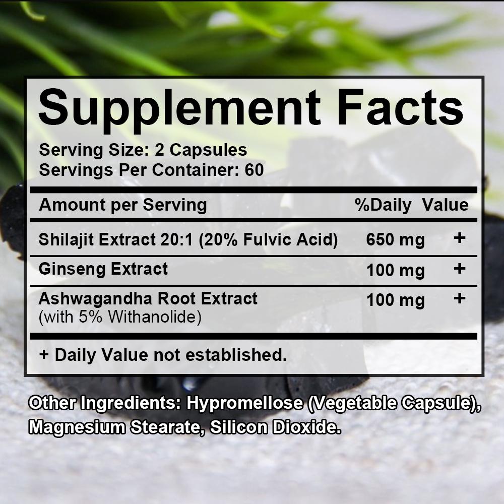 Shilajit 650mg is sourced from the Himalayas, naturally pure, 120 capsules.